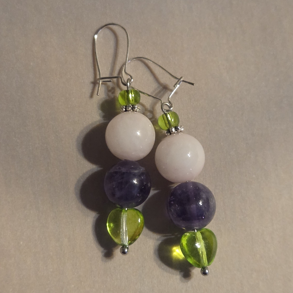 Rose Quartz And Amethyst Beaded Dangle Earrings